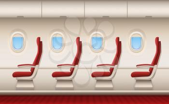 Passenger plane interior. Aircraft cabin with white closeup windows portholes plane inside comfort chairs vector realistic background. Illustration of airplane interior, plane transport
