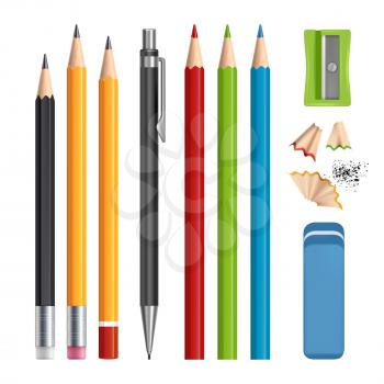 Pencils set. Stationery tools sharpen, colored wood pencils with rubber vector realistic illustrations isolated. Pencil stationery, eraser rubber and sharpener