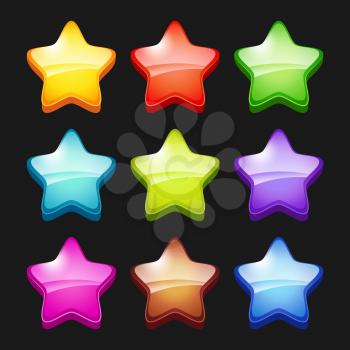 Colored cartoon stars. Shiny games crystal icons status symbols of gui vector items for mobile gaming. Illustration of star shiny cartoon for game