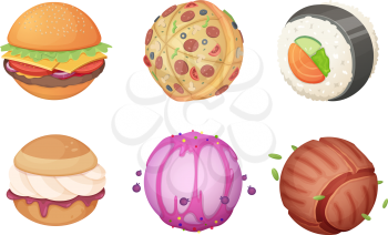 Planets from food. Space set from candy sweets burgher kitchen fantasia fantastic unusual cartoon world with ufo vector pictures. Collection of food planet, burger world and roll sushi illustration
