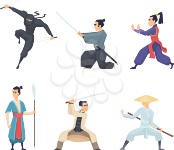 Asian fighter. Man holding katana traditional japan weapon sword samurai ninja vector characters isolated. Samurai japanese with katana, asian fighter illustration