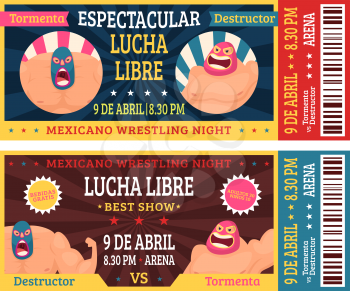 Lucha libre ticket. Mexican wrestlers in masks luchador martial fighting announcement vector design template. Illustration of ticket event to competition mexican sport