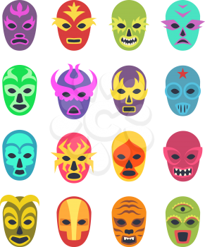 Lucha libre mask. Martial wrestler fighter clothes sport uniform colored masks vector colored icon. Illustration of mask wrestling, latino mexican costume luchador