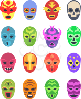 Wrestler masks. Mexican martial fighters sport clothes colored lucha libre masked vector collection. Illustration of wrestler mask, mexico entertainment culture