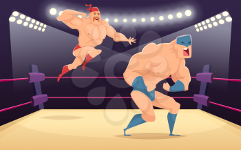 Wrestler fighters cartoon. Cartoon martial characters at ring funny action vector sport background. Illustration of wrestler fighter on ring, tradition costume wrestling