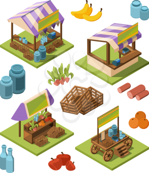 Local farm isometric. Outdoor marketplaces with country food fruits vegetables meat industrial store vector 3d pictures. Illustration of agriculture grocery retail, organic and fresh