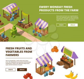 Local farm banners. Outdoor food marketplaces with vegetables meat fish fruits grocery store vector template. Illustration of farm market isometric, fruit and vegetable marketplace