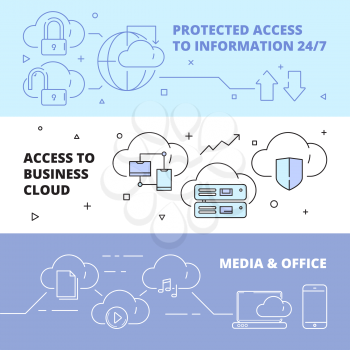 Cloud technology banners. Online software computer internet services safety ftp connection work laptop pc business vector concept. Illustration of software cloud, laptop and pc online networking