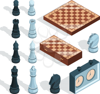 Chess board game. Strategical tactical entertainment checkmate rook pieces alcazar knight figures vector isometric. Knight and bishop, chess king and board illustration