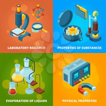 Science equipment. Chemistry testing research laboratory school class lab vector isometric concept pictures. Illustration of study chemical, experiment science, evaporation and physical properties