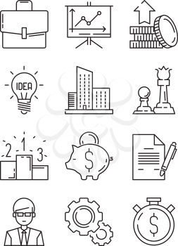 Business line icons. Money finance starting startup strategy team vector symbols isolated. Illustration of finance strategy for business, money and startup