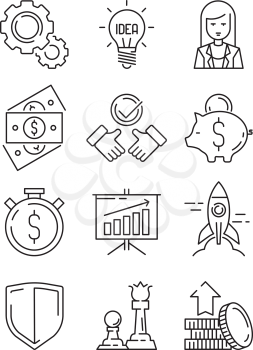 Finance line icons. Business symbols team strategy and economic support web startup vector outline. Illustration of financial strategy and tactic, profit and saving cash
