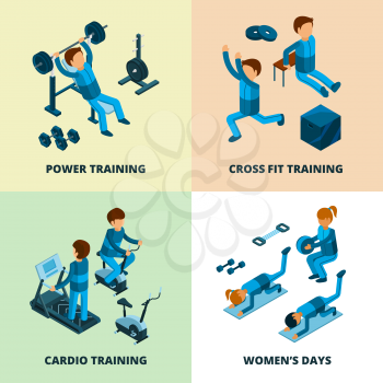 Fitness center isometric. Sport athlete people making power and cardio exercise aerobic in gym vector pictures. Illustration of cardio and aerobic training, exercise fitness, athletic 3d isometry