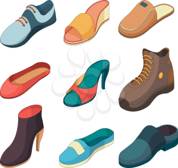 Shoes isometric. Fashion foot shoe boots sandals slippers clothes vector collection isolated. Illustration of isometric footwear and fashion boots