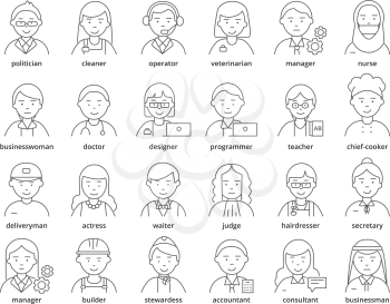 Professions avatars. Medic teacher waiter stewardess judge advocate manager builder male and female vector linear icons. Illustration of manager and nurse, businesswoman and doctor