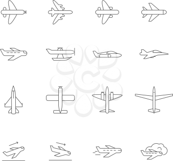 Airplane outline icons. Airline passenger aircraft symbols travelling vector monoline pictures isolated. Aircraft and airplane transportation, passenger outline transport illustration
