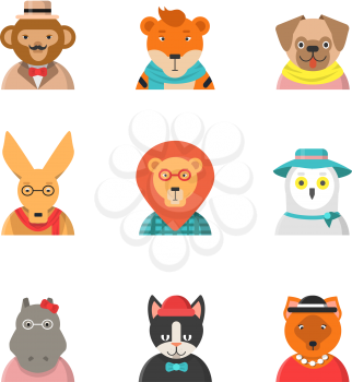 Animal funny faces. Hipster avatars of monkey cat kangaroo hippo tiger cute clothes zoo vector characters in flat style. Illustration of hipster animal, owl and hippopotamus