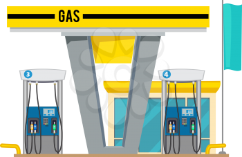 Gas pump station. Exterior of shop gas petroleum oils for cars vector cartoon background. Gasoline fuel, gas for transportation illustration