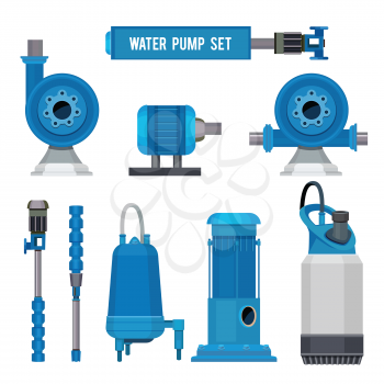 Water pumps. Industrial machinery electronic pump steel systems sewage aqua control station vector icons. Illustration of compressor pump, industrial engine motor
