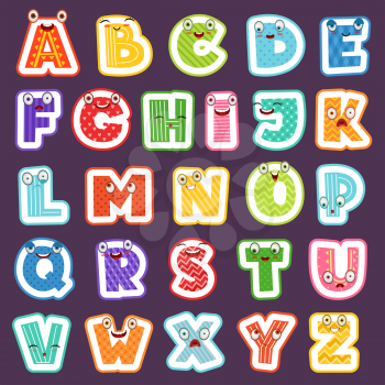Cartoon alphabet with emotions. Colored cute font characters letters symbols signs and numbers vector alphabet for children. Alphabet cartoon funny, character happy abc illustration