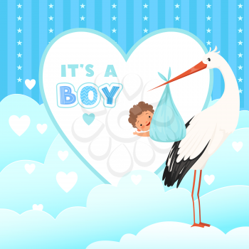 Shower card with stork. Flying bird with newborn baby gift. Vector cartoon background for labels badges. Stork with gift boy newborn illustration