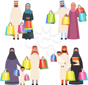 Arab family shopping. Muslim happy people male female and kids in market with bags vector cartoon characters isolated. Illustration of saudi people family shopping, arabian traditional buyer