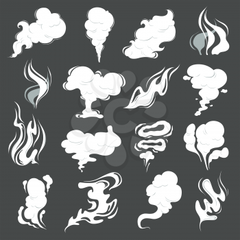 Smoke clouds. Steam puff cigarette or food smell vector abstract illustrations of fume in cartoon style. Cloud vapor, smell cigarette, smoky aroma