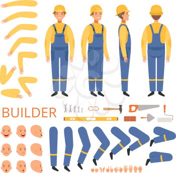 Builder character animation. Body parts head arms cap hands of engineer or builder male vector mascot creation kit. Illustration of worker male, builder character and engineer