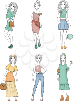 Fashion girls characters. Cute female young vogue models woman posing for retro fashionable magazine vector mascot. Fashion girl character, cute and pretty model illustration