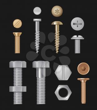 Metallic bolts and screws. Construction hardware silver repair tools. Vector realistic templates isolated. Metal screw, steel bolt and nuts illustration