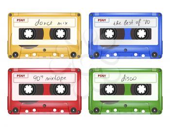 Colored audio cassette. Mixtape retro pop rock music equipment vector set of realistic pictures isolated. Set of cassette tape, stereo record illustration