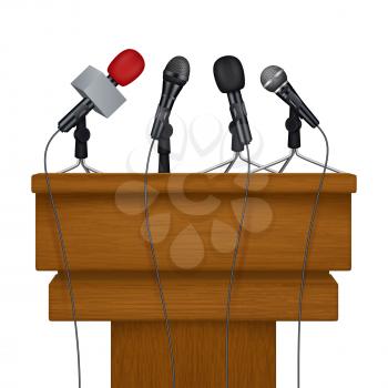 Press conference stage. Meeting news media microphones vector realistic pictures. Illustratin of stage conference press with microphone
