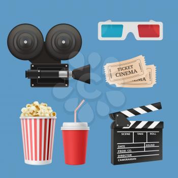 Cinema 3d icons. Movie camcorder clapperboards film tape and stereo glasses vector realistic objects isolated. Illustration of cinema clapperboard, cinematography elements collection