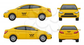 Taxi realistic. Yellow city car vehicle branding taxicab top left and right side vector 3d pictures set isolated. Illustration of car transport, taxi passenger service