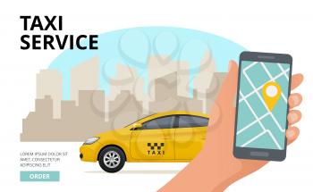 Taxi order. Hand holding smartphone and push button to call business city public urban car vector travel concept. Illustration of taxi mobile app online service