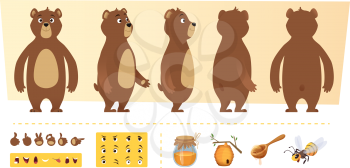 Cartoon bear animation. Cute wild animal body parts and nature items honey trees vector character creation kit. Illustration of animal bear, wild grizzly and sweet