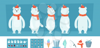 Polar bear animation. White wild animal body parts and different faces vector character creation kit. Illustration of bear animation, face look