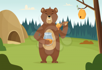 Brown bear with honey vector cartoon background. Sweet honey, bear animal teddy illustration