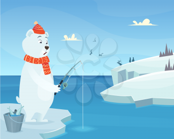 White bear background. Iceberg ice winter animal standing vector character in cartoon style. Bear catch fish, animal cartoon fishing illustration
