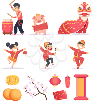 Asian new year. Happy people celebrate with traditional symbols dragons lantern firecrackers vector pictures. Illustration of elements for chinese new year pig, dance festival china