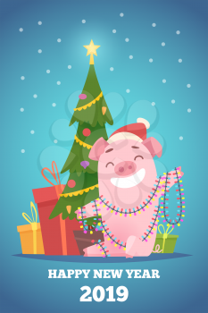 Cartoon pig new year background. Winter xmas illustration with funny piglet hog boar characters celebration vector mascot. Illustration of happy new year pig, poster to 2019 year holiday