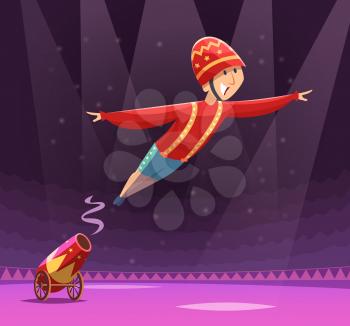 Circus cannon show. Shooting gun on cirque arena performer clowns on stage vector cartoon background. Illustration cannon shooting guy, extreme stuntman