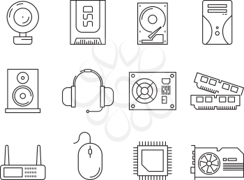 Hardware pc components. Symbols of computer items processor server ssd or hdd memory ram vector line icons. Illustration of hardware cpu, processor for computer, component and memory