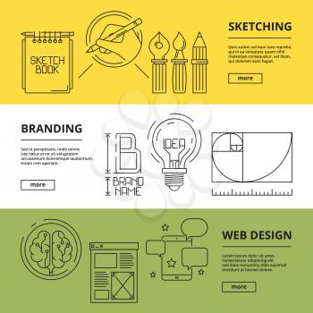 Creative banners. Computer art processes web design advertising printing technology brand development marketing concepts vector symbols. Web branding modeling, prototyping sketching illustration
