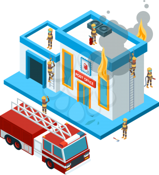 Building in flame isometric. Firefighters at work extinguish fire from hose at red big car burning city vector 3d landscape. Illustration firefighter and building with fire