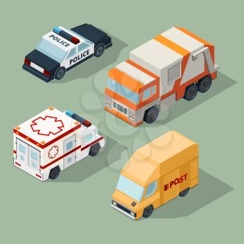 Urban cars isometric. Garbage truck mail van police and ambulance vector city traffic 3d illustrations. Police and post automobile, ambulance vehicle van
