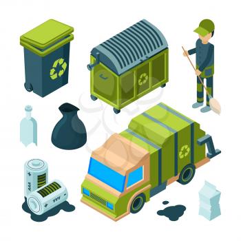 Garbage recycling isometric. City cleaning service truck urban incinerator utility bin with waste vector 3d collection. Illustration of trash and waste, janitor and cargo machine