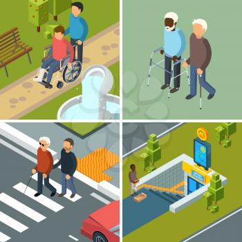 Disability in city. Urban healthcare invalids wheelchairs walkers crutches equipment and helpers persons vector concept isometric pictures. Illustration of invalid people in city, person wheelchair