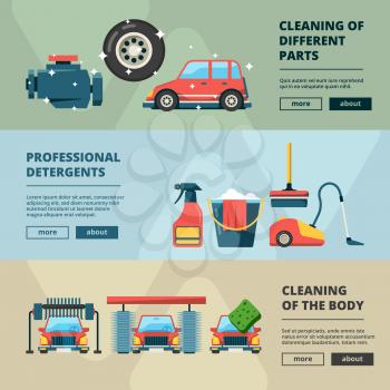 Car wash banners. Cleaning service water bucket and wiping sponge vector concept pictures. Illustration of carwash station, car service web banner