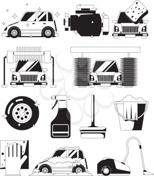 Wash dry car service. Washing sponge water clean bubbles auto foam sponge black vector silhouettes. Illustration of black white car wash, automobile in foam